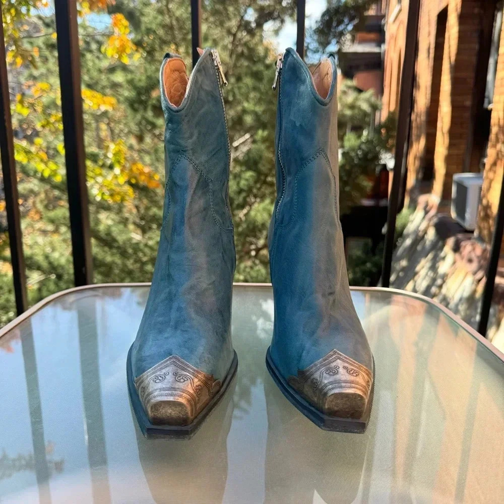 New Free People Brayden Western Leather Ankle Boots Blue 6.5 - Picture 7 of 12